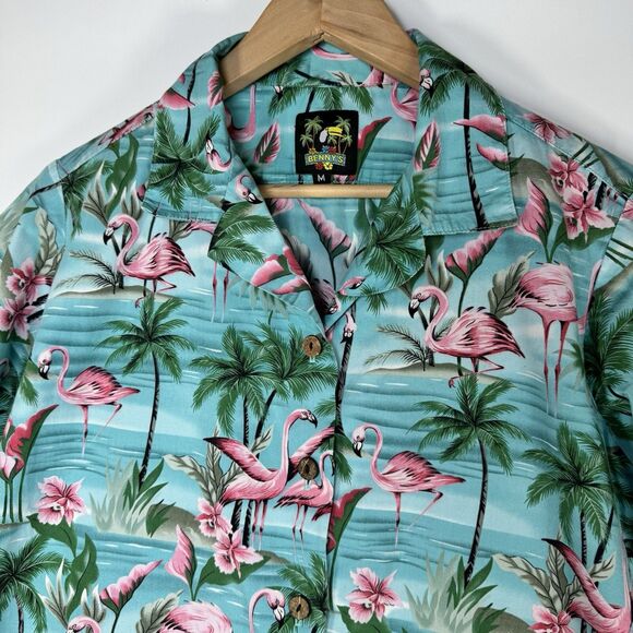Benny's Hawaiian Shirt Men's Medium Blue Pink Flamingo Palm Tree Tropical Aloha - Picture 3 of 7